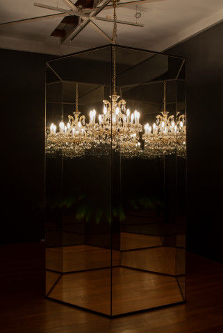Yayoi Kusama Chandelier with Pain, 2002; mirror, chandelier, motor, strobe; 288 x 166 x 166 cm; Edition of 3; enquire