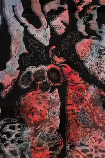 John Wolseley Termitaria Indwelling V (detail), 2025; linocut and watercolour on paper; 188 x 96 cm; 205 x 110 cm (framed); Edition of 5; enquire