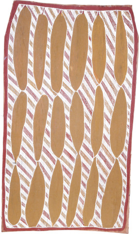 Clara Wubukwubuk Bush Foods, 1989; natural ochre pigments on Stringybark; 94 x 54 cm; enquire
