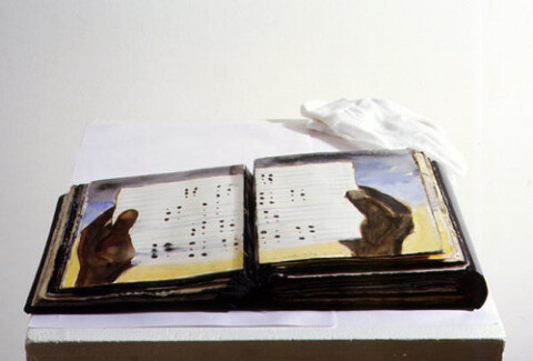 Fiona Hall & Nalini Malani The Water Book, 1997-98; gouache, acrylic, water colour on Daphne & milk carton paper with leather binding; 20.5 x 17.5 x 9 cm; (artist book); enquire