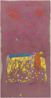 Jenny Watson Sleeping beauty, 2016; acrylic, pigment, haberdashery attachments on rabbit skin glue primed Belgian linen; 252 x 136 cm; enquire