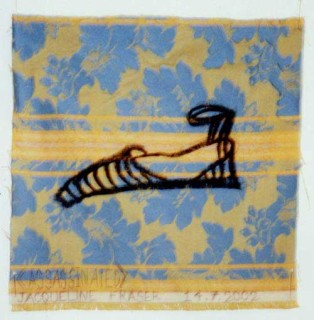 Jacqueline Fraser >, 2002; from the series Jacqueline Fraser 14.7.2002 Parisian Fabric Drawings; Oil stick on blue and gold striped brocade; 32 x 32 cm; enquire