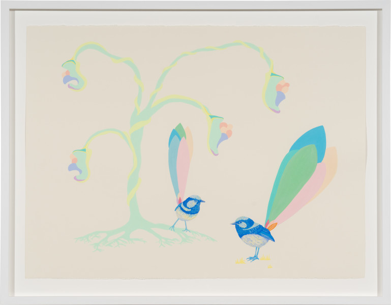 Patricia Piccinini Flamboyant Wrens, 2025; acrylic on paper; 56 x 76 cm; enquire