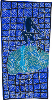 Dhambit Munuŋgurr Djapu font at Wandawuy, 2022; 3607-22; earth pigments and acrylic on bark; 218 x 115 cm; more info; enquire