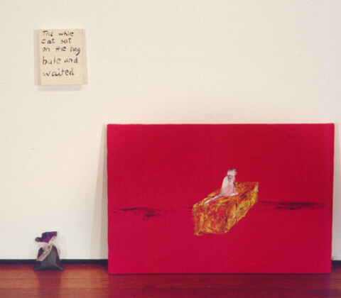 Jenny Watson White Cat on a Hay Bale, 1999; acrylic on Vietnamese cotton, acrylic on stretcher, Japanese lavender bag; 73 x 51 cm, 17 x 14 cm; enquire