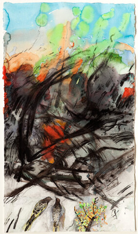 John Wolseley 11. And the fresh Earth beams forth ten thousand springs of life, (Blake), 2003; carbonised wood and watercolour on paper; 123 x 71 cm (paper), 146 x 89 cm (framed); enquire