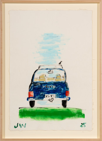 Jenny Watson Old Volvo with tiny bird, 2025; acrylic on Japanese rice paper; 91.5 x 66.5 cm; enquire