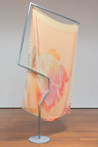 Mikala Dwyer Flags, 2018; painted steel, fabric, carabiner; 226 x 130 x 36 cm; (I); enquire