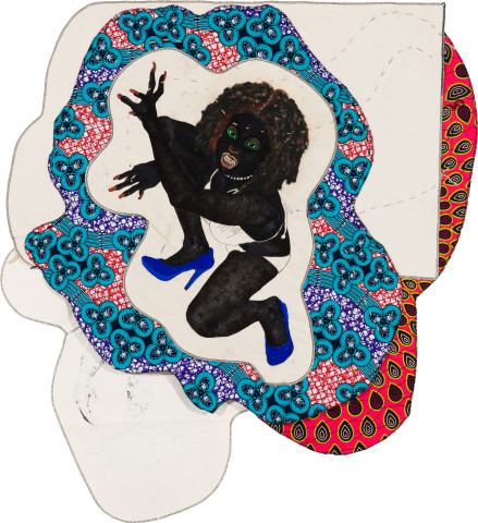 Pierre Mukeba (Alikuwa amekufa kwa uchawi.)(Pietà), 2022; Kikwembe, calico, oil paint, ink, brush pen, acrylic paint, pastel, fabric on unprimed canvas; 120 x 115 cm; more info; enquire