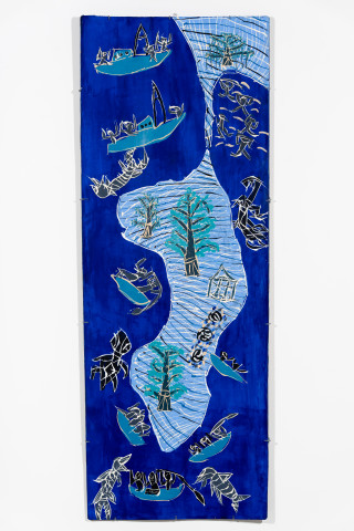 Dhambit Munuŋgurr Gunyaŋara, 2025; 4092-25; acrylic and earth pigment on bark; 223 x 87 cm; enquire