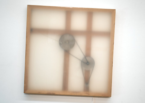 Marley Dawson Simeon, 2009; timber, mechanics, polyester resin on polyester fabric, electronics; 105 x 105 x 6.5 cm; enquire