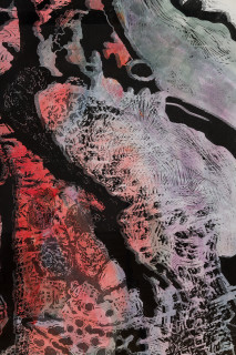 John Wolseley Termitaria Indwelling V (detail), 2025; linocut and watercolour on paper; 188 x 96 cm; 205 x 110 cm (framed); Edition of 5; enquire