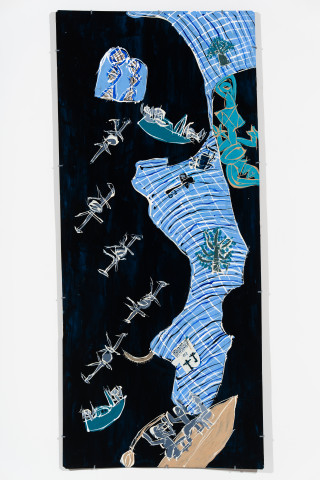 Dhambit Munuŋgurr Gunyaŋara - Catalina Base, 2025; 4948-25; acrylic on bark; 175.5 x 77 cm; enquire