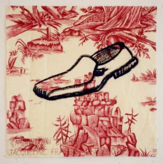 Jacqueline Fraser >, 2002; from the series Jacqueline Fraser 14.7.2002 Parisian Fabric Drawings; Oil stick on cream and red aquataine print; 32 x 32 cm; enquire