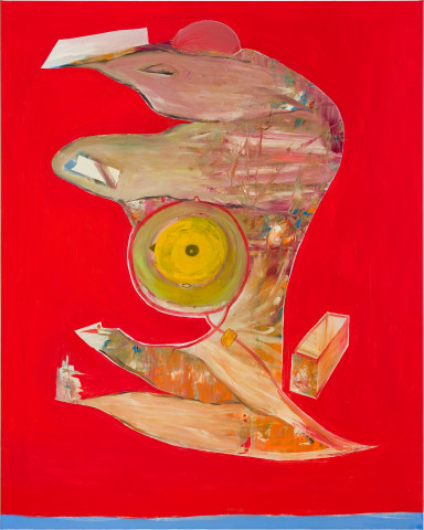 Gareth Sansom Figure on red with box and disc, 2021; oil on linen; 152 x 122 cm; more info; enquire