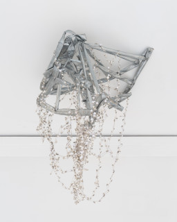 Jim Lambie Crushed Barrier (Everlasting Blanket of Stars), 2026; crushed metal barrier, safety pins, pearlescent beads; 120 x 60 x 70 cm; enquire