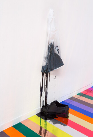 Jim Lambie Zero Concerto, 2015; leather shoe, black paint, plastic bag; 88 x 35 x 24 cm; enquire