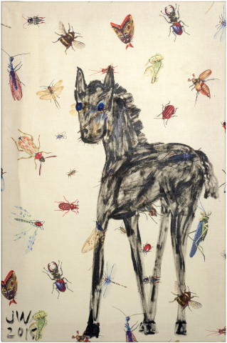 Jenny Watson Black Horse, 2015; acrylic on insect pattern cotton; 90.5 x 60.5 cm; enquire