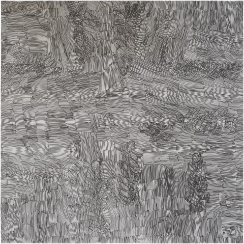 Nyapanyapa Yunupingu Larrani, 2014; G05; felt tip pen, earth pigments on discarded photography backdrop (paper); 130 x 130 cm; Enquire