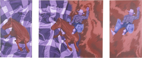 Maria Kozic Manimal (horse - breaker), 1989; acrylic on three canvases; 134.5 x 323 cm; enquire