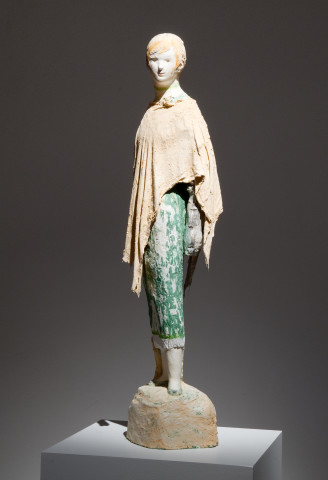 Linda Marrinon Woman with Poncho, 2011; painted and tinted plaster and muslin; 82 x 21 x 23 cm; enquire