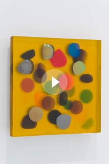Jim Lambie April 1984, Sunlight Bathed In Golden Glow, 2026; resin, sunglasses lens, birch plywood, paint; 33 x 33 x 5 cm; enquire