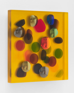 Jim Lambie April 1984, Sunlight Bathed In Golden Glow, 2026; resin, sunglasses lens, birch plywood, paint; 33 x 33 x 5 cm; enquire