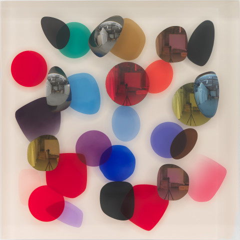 Jim Lambie February 2014, Diamonds Above, 2026; resin, sunglasses lens, birch plywood, paint; 33 x 33 x 5 cm; more info; enquire