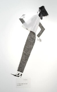 Jacqueline Fraser  , 2004; Nylon hair, faux fur, Italian wook suiting, vylene stiffening, Japanese organza pleating, Yves St. Laurent beaded lace; 170 x 85 x 15 cm; enquire