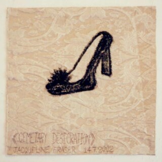 Jacqueline Fraser >, 2002; from the series Jacqueline Fraser 14.7.2002 Parisian Fabric Drawings; Oil stick on cream brocade; 32 x 32 cm; enquire