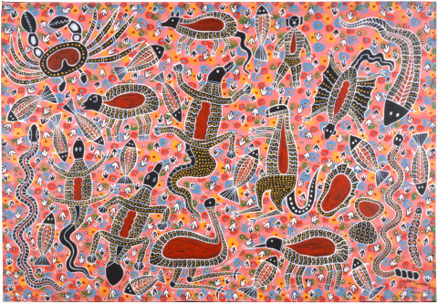 Robert Campbell Jnr Aboriginal Tucker, 1987; acrylic on canvas; 82 x 119 cm; enquire