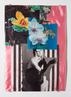 Jacqueline Fraser Balenciaga looking at Daniel Buren at the Guggenheim NYC, 2013; Mixed media collage; 59 x 42 cm; enquire