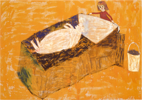 Jenny Watson The Pig Feeder, 1993; Oil and Indian pigment on Belgian linen; 186.5 x 263 cm; enquire