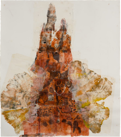 John Wolseley Termitaria: Indwelling I, 2020-21; Woodcut, linocut, etching, graphite frottage, and watercolour on cotton, Mini wash and Gampi paper; 204.5 x 180.5 cm; enquire