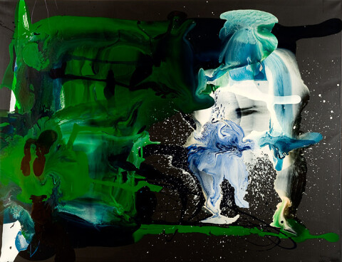 Dale Frank 4. Once on the road it was a matter of maintaining the flow, that is until sheer boredom took the wheel, or an imagination racked by repetitiveness, the bow of a violin back and forth across the strings, back and forth, the motorway of thoughts, a tire against asphalt rhythm., 2009; varnish and acrylic on canvas; 200 x 260 cm; enquire