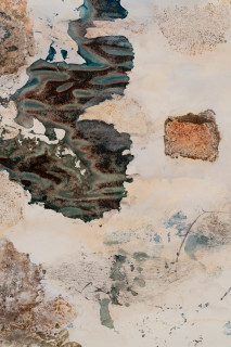 John Wolseley Walk across geological strata - Proterozoic to late Silurian: each step a million years I (detail), 2025-26; watercolour, nature prints, and frottage on paper; 140 x 201 cm; enquire