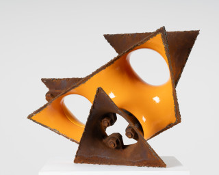 James Angus Swing Shift, 2025; steel, enamel paint; 38 x 60 x 34 cm; enquire