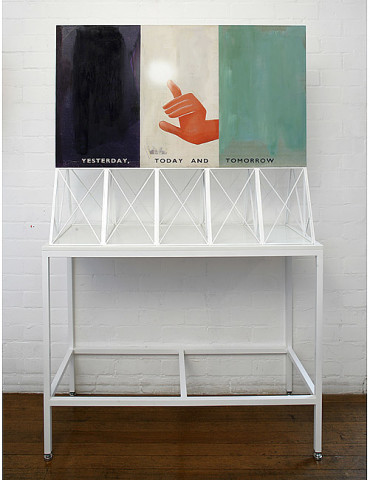Callum Morton Screen #18: Return of the Hand, 2009; wood, acrylic paint, aluminium, paper; 93 x 110 x 45.5 cm; table 88 x 115 x 49.5 cm; enquire