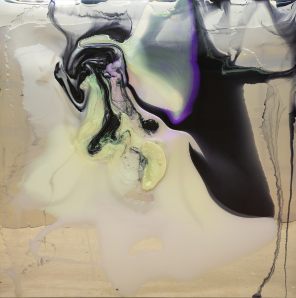 Dale Frank Between the cheeks dreaming of another continent over the horizon, gripping, swimming in the streets, he always watched other mens backsides walking, coveting as watchers do, 2026; colour powder pigments in Epoxyglass, Epoxyglass, on perspex; 200 x 200 cm; enquire