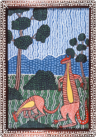 Robert Campbell Jnr Kangaroos, 1987; acrylic on bark; 70.5 x 46.5 cm; enquire