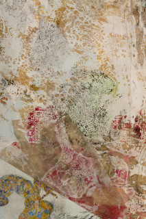 John Wolseley Mimesis - Leaf-tailed geckos on bark, moss and lichen II (detail), 2025; watercolour, graphite, nature prints and found woodblock prints on paper; 102 x 83 cm; 120 x 101 cm (framed); enquire