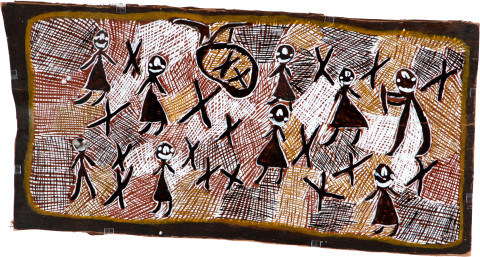 Nyapanyapa Yunupiŋu Bukulup Cleansing Ceremony 1, 2008; natural earth pigments on bark; 45 x 90 cm; enquire