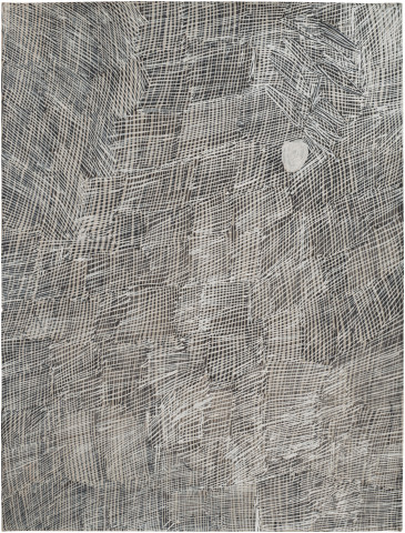 Nyapanyapa Yunupingu Djorra (paper) 18, 2014; TPA109; felt tip pen, earth pigments on discarded print proofs; 75 x 56 cm; Enquire