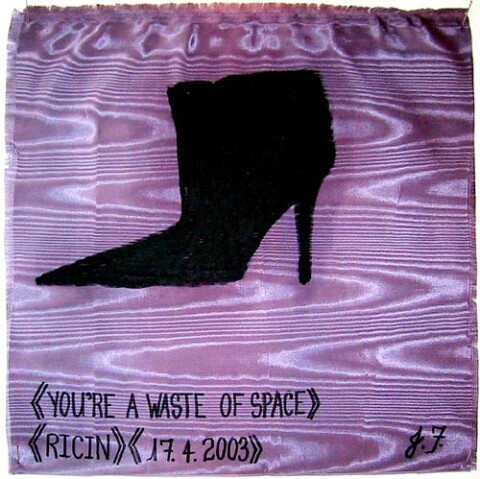 Jacqueline Fraser Your a waste of space > >, 2003; from the series AN ELEGANT PORTRAIT REFINED IN ELEVEN STUDIOUS PARTS >; oil stick on fabric (framed); 32 x 32 cm; enquire