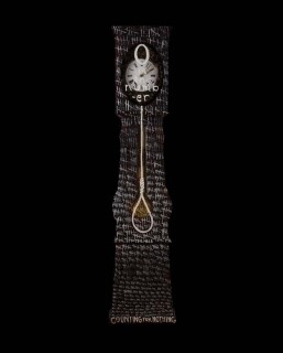 Fiona Hall Wrong Way Time, 2014; oil on long case clock; 220 x 40 x 23 cm; enquire