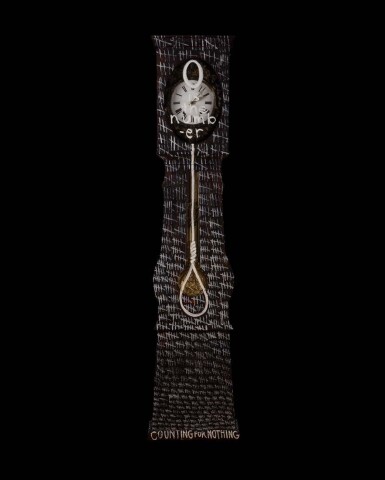 Fiona Hall Wrong Way Time, 2014; oil on long case clock; 220 x 40 x 23 cm; enquire