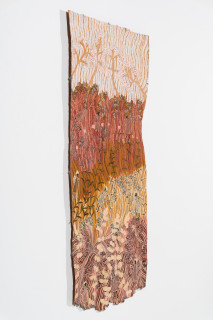 Yalmakany Marawili Wäwuru', 2026; 2513-26; earth pigments on stringybark; 190 x 81 cm; enquire