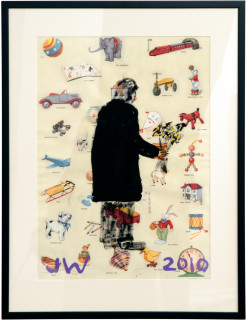 Jenny Watson Classic Black 7: man with flowers, 2010; acrylic on Italian nursery paper; 90 x 69 cm (framed); enquire