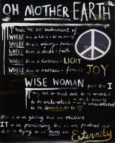 Nell prayer for MOTHER EARTH, 2018; acrylic paint and mixed media on canvas; 90.8 x 73.8 cm; enquire