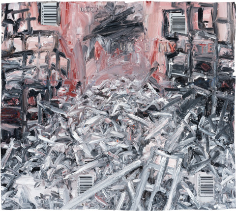 Fiona Hall Counting For Nothing 6, 2024; oil paint on aluminium drink cans; approx. 30.5 x 33.5 cm; enquire